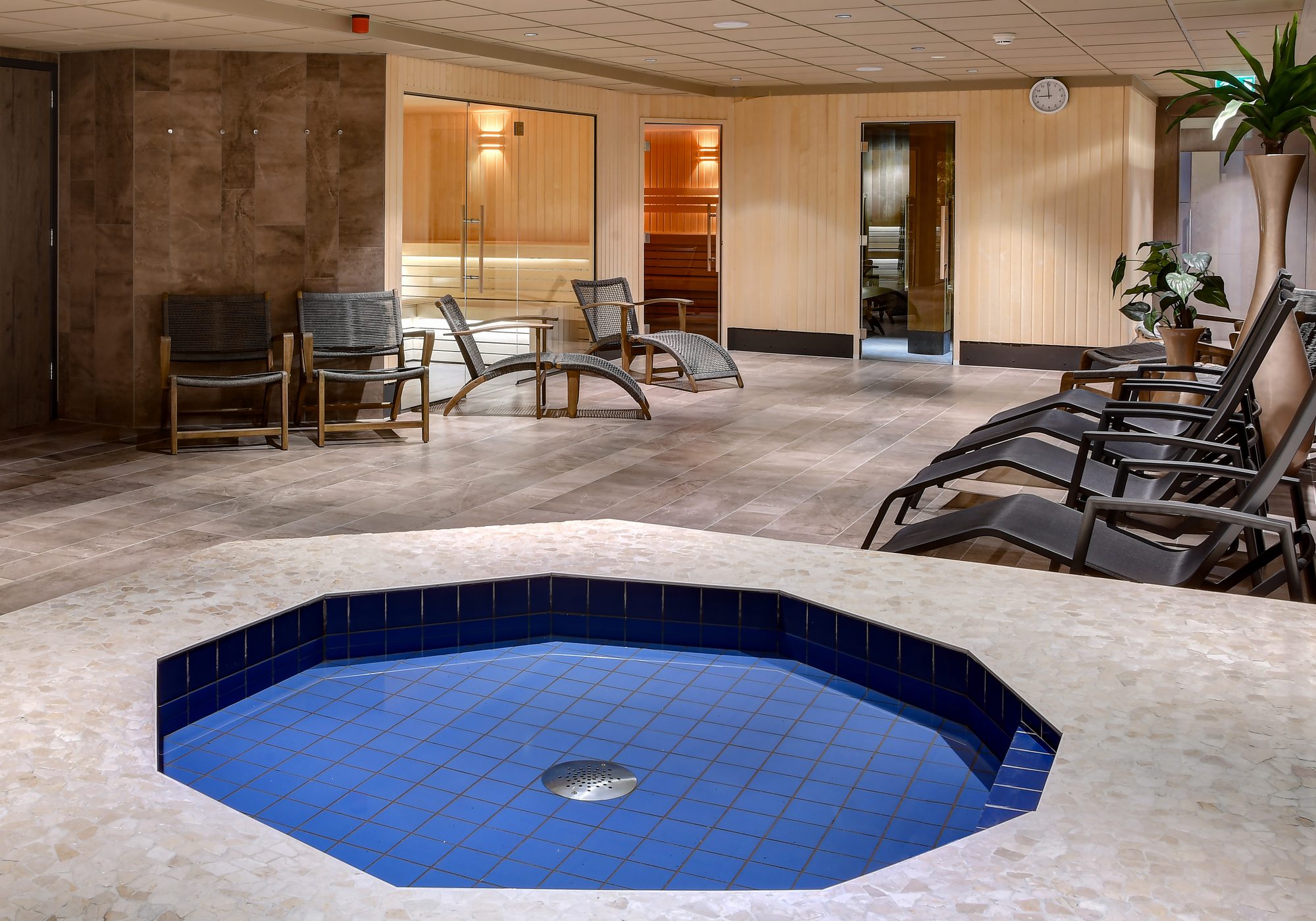 Espace spa d'hôtel avec bassin et cabine infrarouge